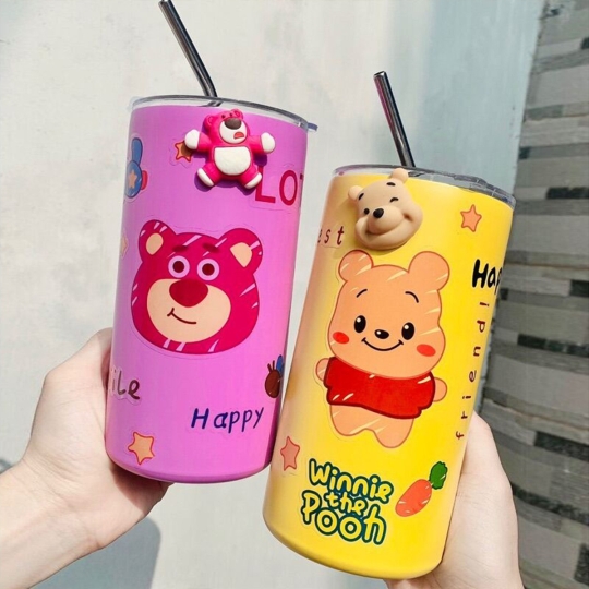 LY GIỮ NHIỆT GẤU DÂU HÌNH TRỤ  600ML HỌA TIẾT