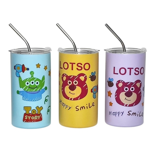 LY GIỮ NHIỆT GẤU DÂU HÌNH TRỤ  600ML HỌA TIẾT